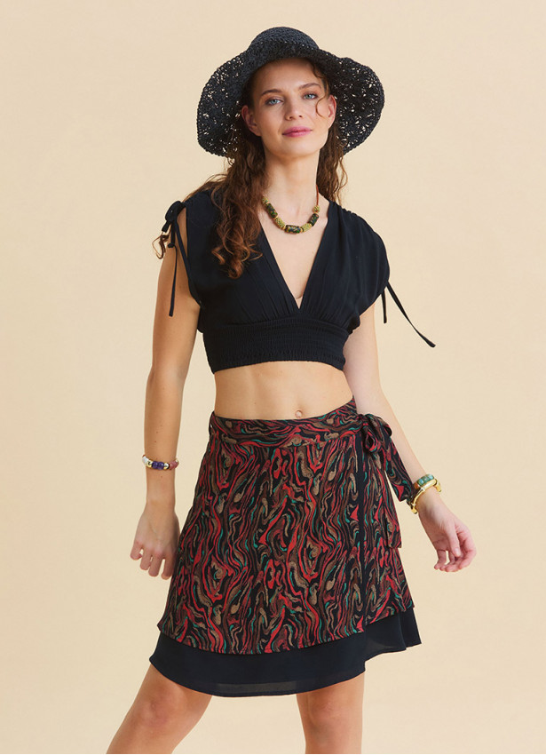 Derin V Yaka Beli Gipeli Siyah Crop Bluz 7262