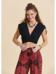 Derin V Yaka Beli Gipeli Siyah Crop Bluz 7262