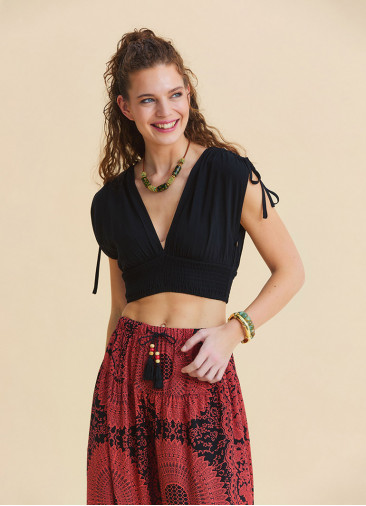 Derin V Yaka Beli Gipeli Siyah Crop Bluz 7262