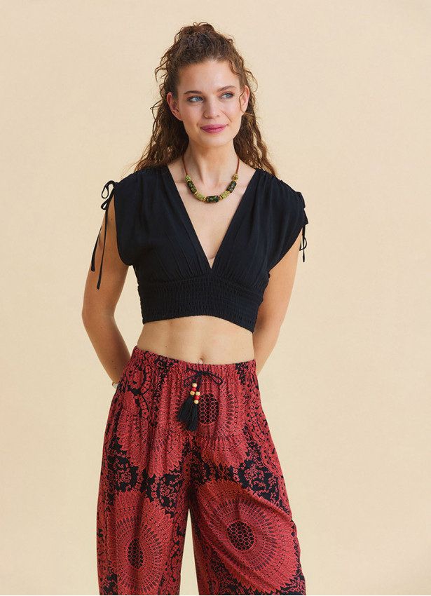 Derin V Yaka Beli Gipeli Siyah Crop Bluz 7262