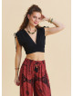 Derin V Yaka Beli Gipeli Siyah Crop Bluz 7262