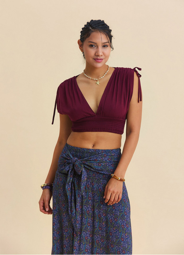 Derin V Yaka Beli Gipeli Bordo Crop Bluz 7263