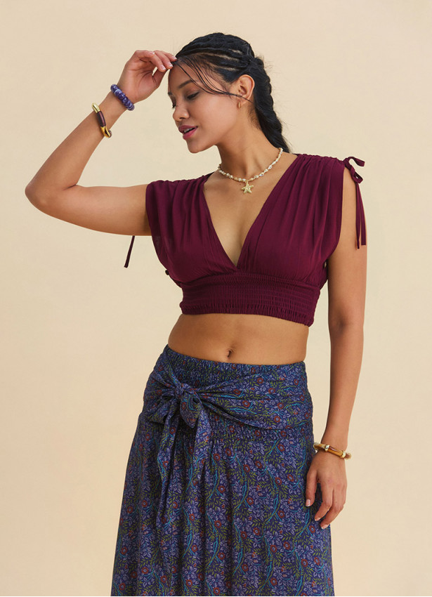 Derin V Yaka Beli Gipeli Bordo Crop Bluz 7263