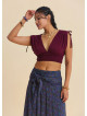 Derin V Yaka Beli Gipeli Bordo Crop Bluz 7263