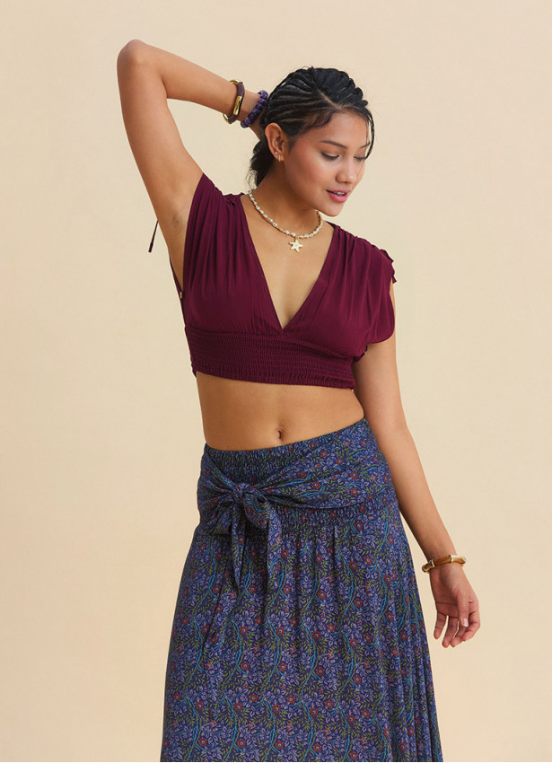 Derin V Yaka Beli Gipeli Bordo Crop Bluz 7263