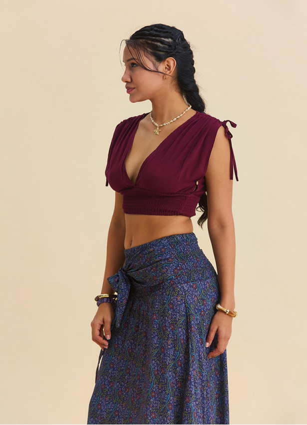 Derin V Yaka Beli Gipeli Bordo Crop Bluz 7263