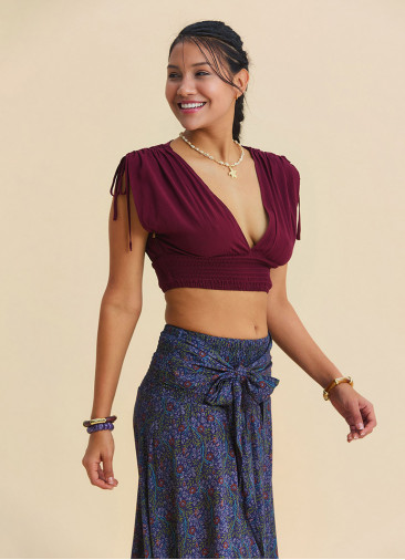 Derin V Yaka Beli Gipeli Bordo Crop Bluz 7263