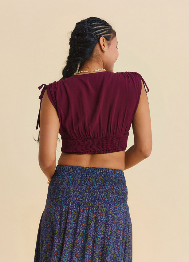 Derin V Yaka Beli Gipeli Bordo Crop Bluz 7263