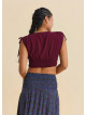 Derin V Yaka Beli Gipeli Bordo Crop Bluz 7263