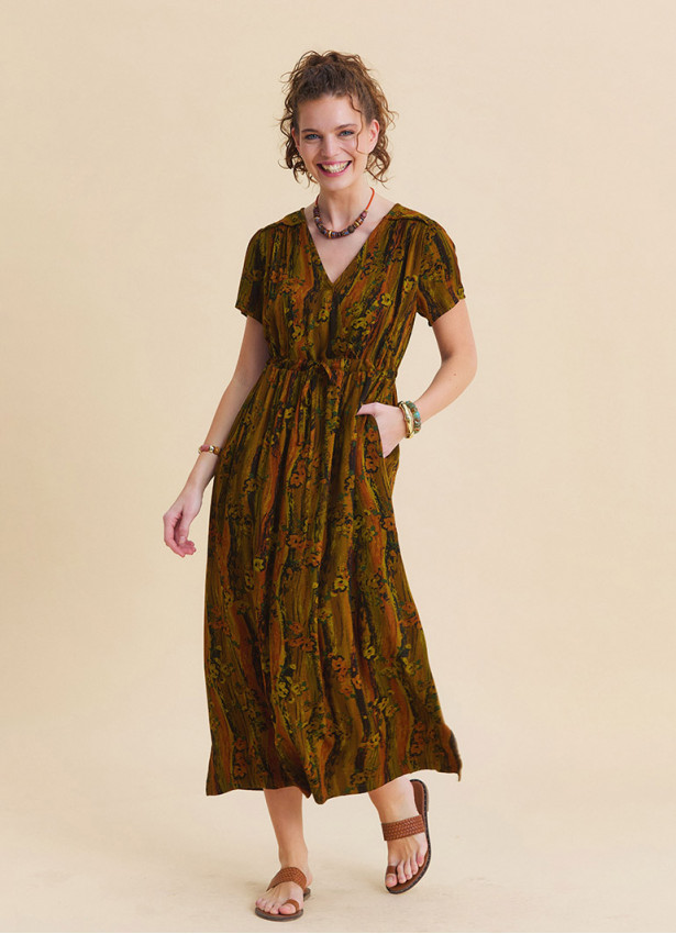 V Yaka Yırtmaçlı İp Bağlamalı Haki Uzun Elbise 7289