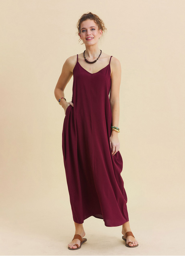 Geniş Yaka İnce Askılı Bordo Yazlık Elbise 7142