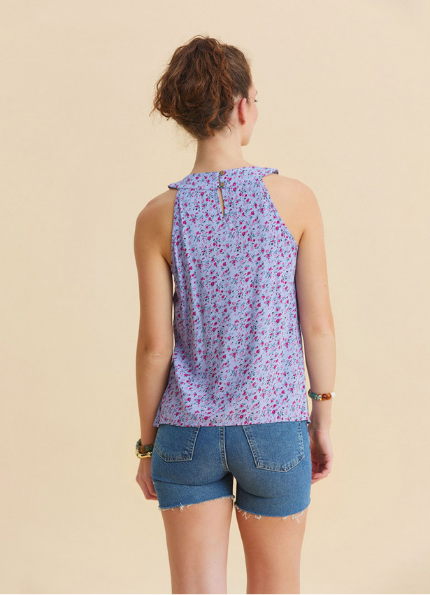 Halter Yaka Düğme Detaylı Pileli Lila Çiçekli Bluz 7222