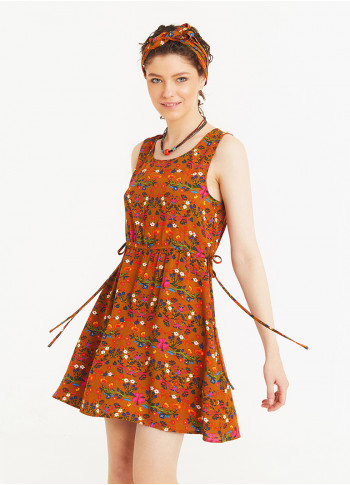 Hardal Desenli Kayık Yaka Beli Bağcıklı Mini Elbise