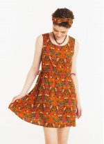 Hardal Desenli Kayık Yaka Beli Bağcıklı Mini Elbise
