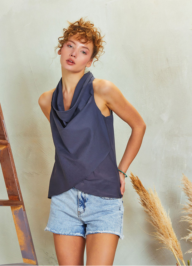 Degaje Yaka Kolsuz Omzu Açık Antrasit Bluz 5240