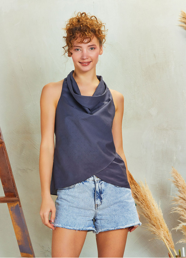 Degaje Yaka Kolsuz Omzu Açık Antrasit Bluz 5240