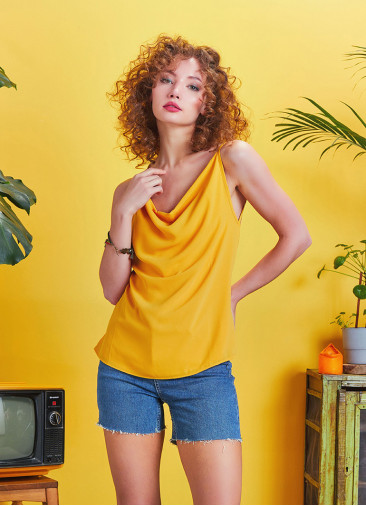 Yazlık Bohem Stil Degaje Yaka Turuncu Bluz 5146