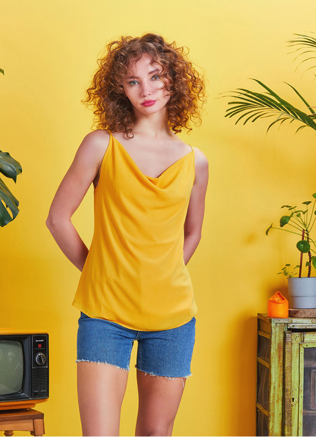 Yazlık Bohem Stil Degaje Yaka Turuncu Bluz 5146