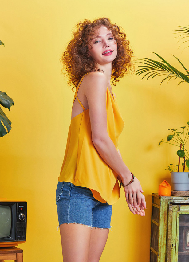 Yazlık Bohem Stil Degaje Yaka Turuncu Bluz 5146