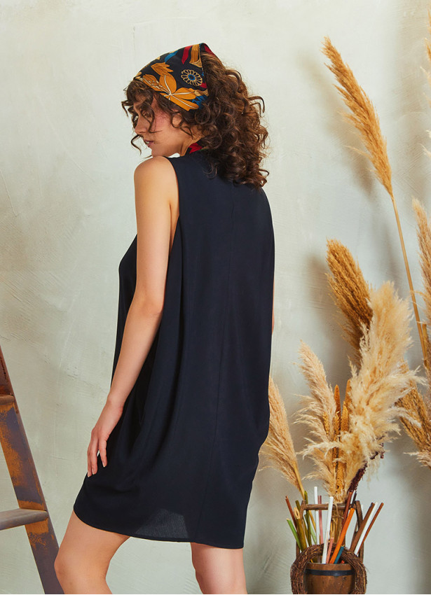 Bohem Stil Kısa Salaş Siyah Tunik Elbise 5253