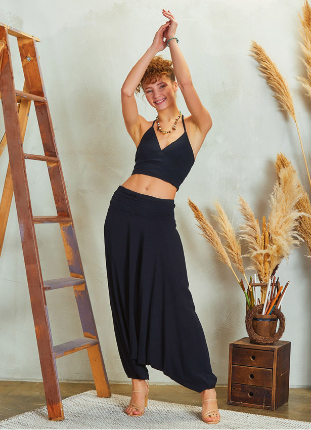 Drape Detay Beli Lastikli Siyah Şalvar Pantolon 5290