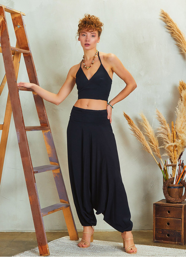 Drape Detay Beli Lastikli Siyah Şalvar Pantolon 5290