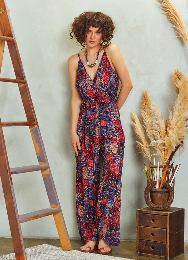 Kruvaze Yaka Sırt Detay Askılı Desenli Bol Paça Tulum 5229