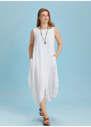 Diyagonal Kesim Ön Katlı Beyaz Bol Büyük Beden Elbise