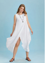 Diyagonal Kesim Ön Katlı Beyaz Bol Büyük Beden Elbise
