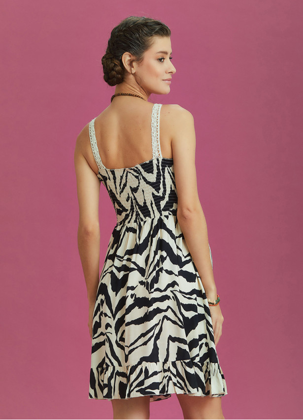 Zebra Desenli Dantel Yaka Askılı Hamile Elbise