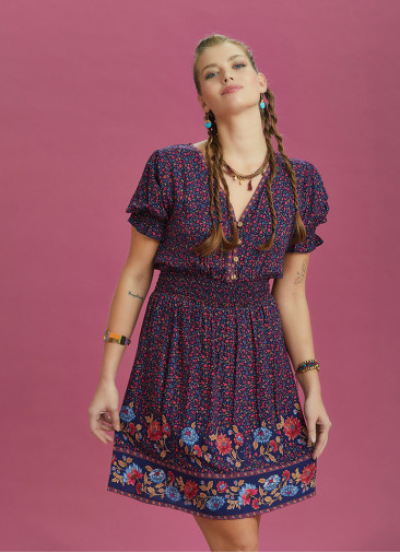 Bohem Stil Sulu Kumaş Pembe Çiçekli Elbise 6560