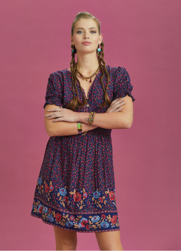 Bohem Stil Sulu Kumaş Pembe Çiçekli Elbise 6560