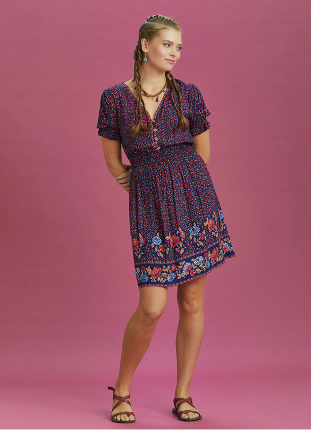 Bohem Stil Sulu Kumaş Pembe Çiçekli Elbise 6560