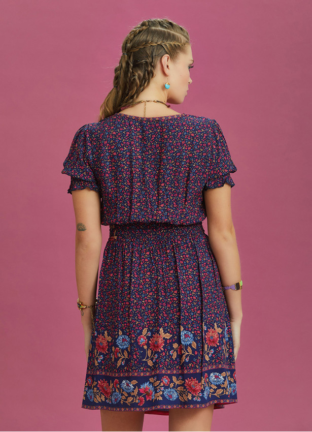 Bohem Stil Sulu Kumaş Pembe Çiçekli Elbise 6560