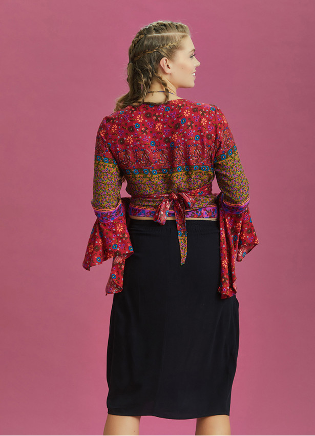 Turuncu Çiçekli Desenli İspanyol Kol Crop Bluz 6259