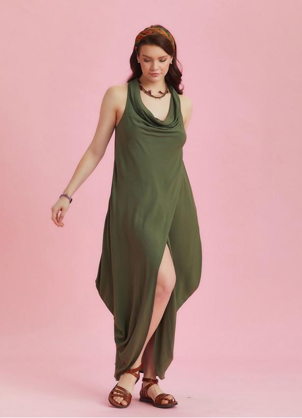 Haki Degaje Yaka Otantik Elbise 6263