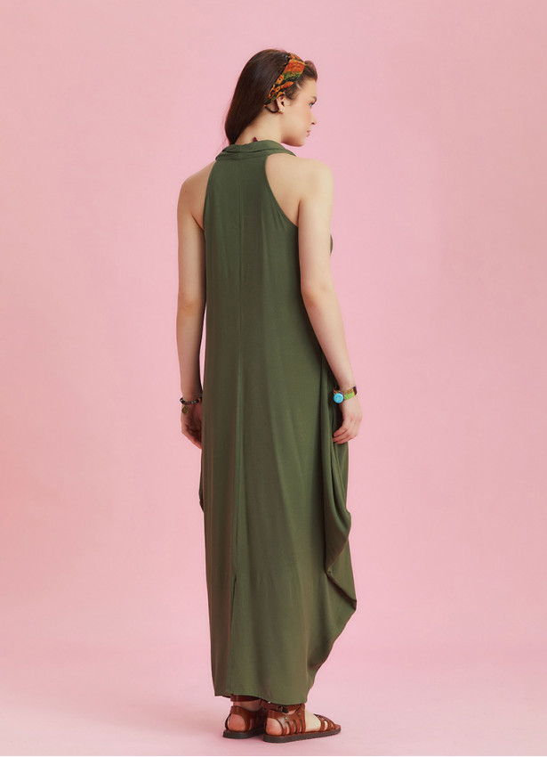 Haki Degaje Yaka Otantik Elbise 6263