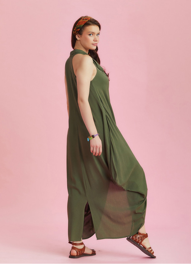 Haki Degaje Yaka Otantik Elbise 6263