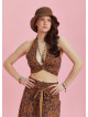 Boyundan Bağlamalı Mor Desenli Crop Bluz 6342