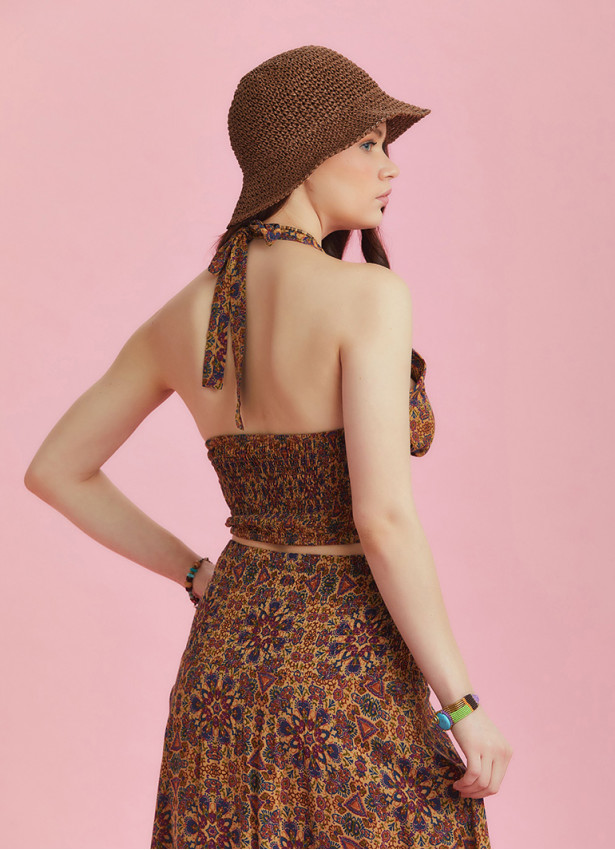 Boyundan Bağlamalı Mor Desenli Crop Bluz 6342