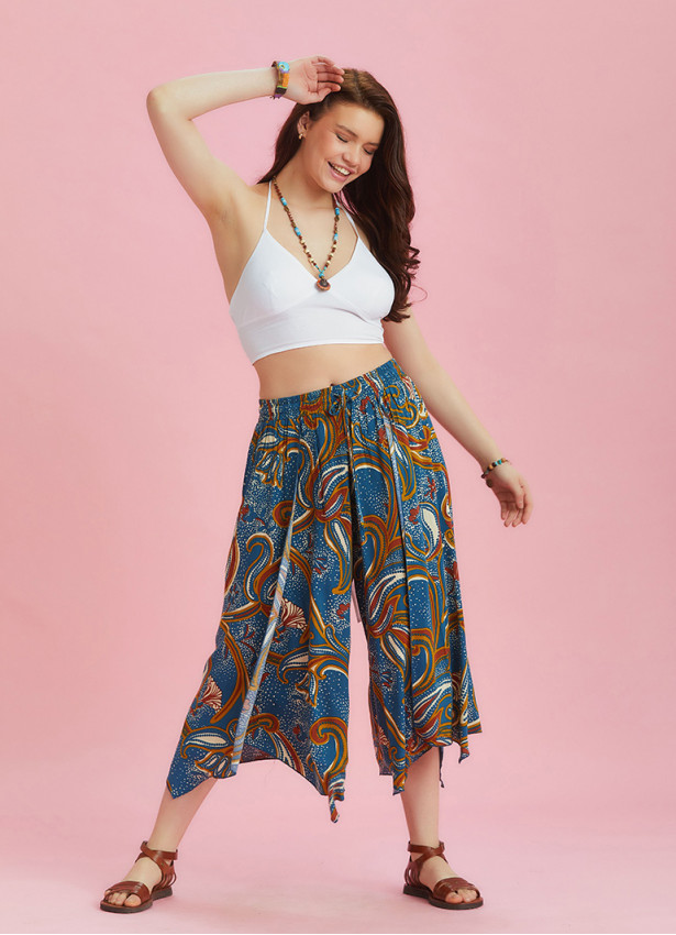 Beli Lastikli Mavi Desenli Yırtmaçlı Pantolon 6353