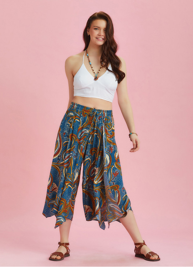 Beli Lastikli Mavi Desenli Yırtmaçlı Pantolon 6353