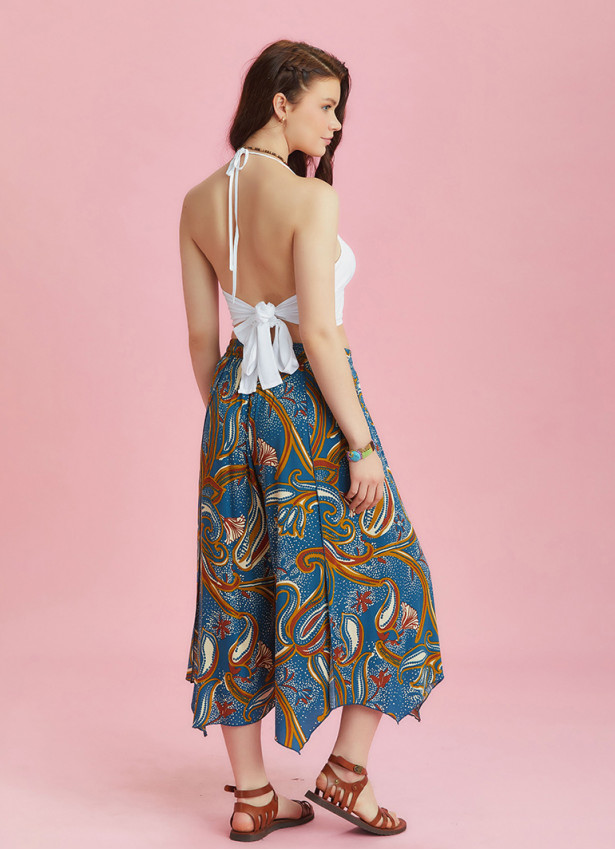 Beli Lastikli Mavi Desenli Yırtmaçlı Pantolon 6353