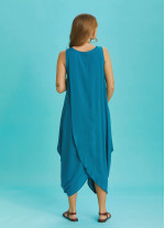 Diyagonal Kesim Ön Katlı Mavi Bol Şık Hamile Elbise