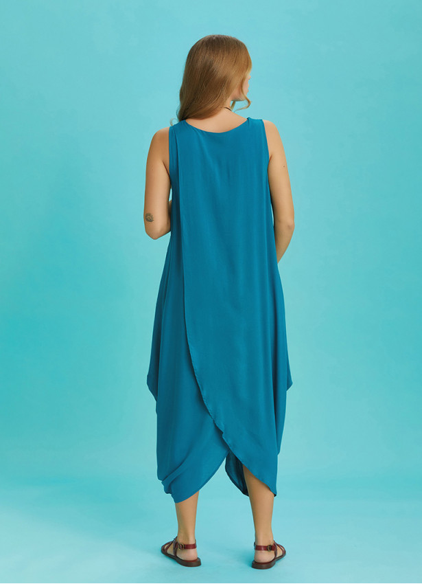 Diyagonal Kesim Ön Katlı Mavi Bol Şık Hamile Elbise