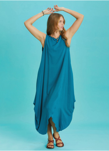 Diyagonal Kesim Ön Katlı Mavi Bol Şık Elbise