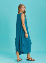 Diyagonal Kesim Ön Katlı Mavi Bol Şık Elbise