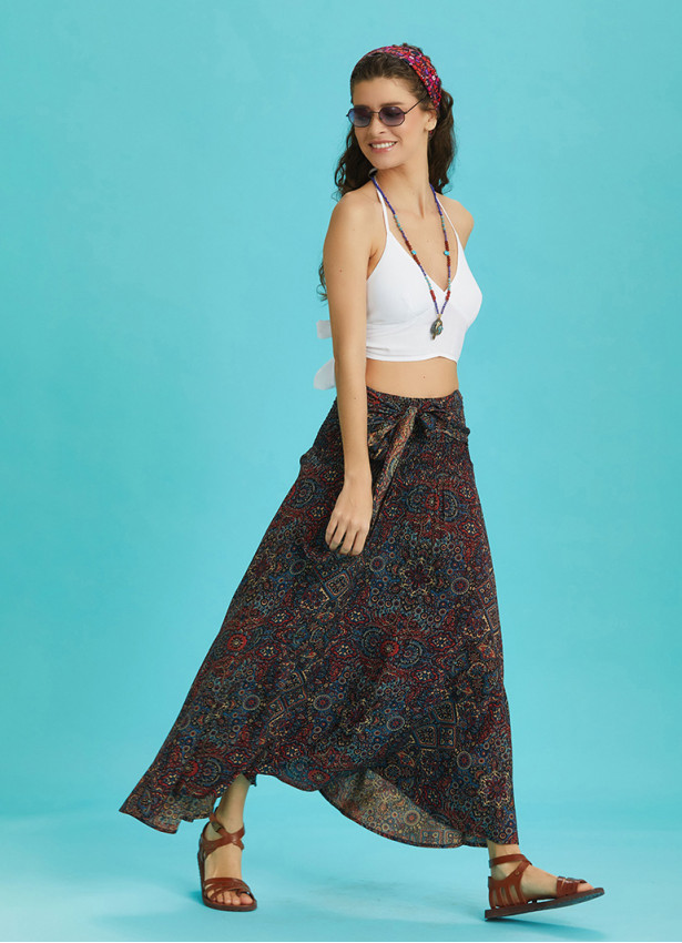 Etnik Desenli Salaş Asimetrik Etek 6281