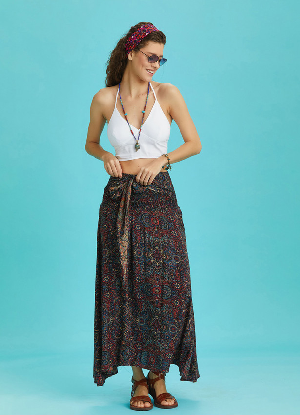 Etnik Desenli Salaş Asimetrik Etek 6281