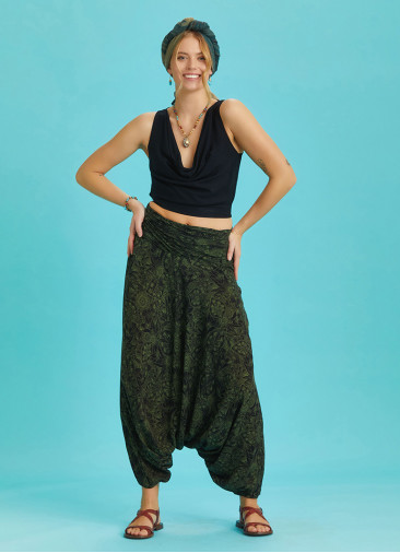 Drape Detay Beli Lastikli Yeşil Desenli Şalvar Pantolon 6288